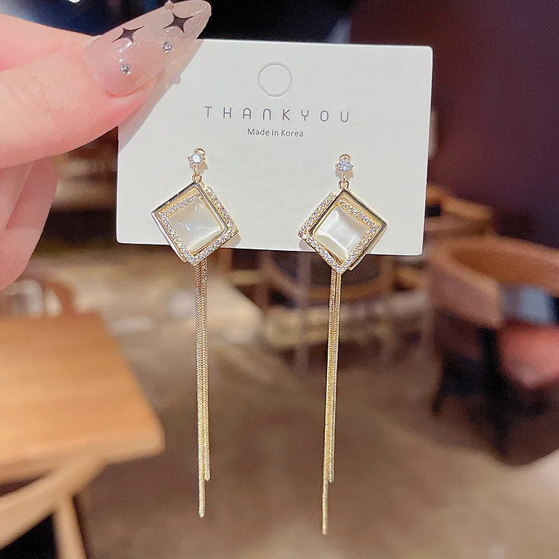 

Fashion Opal Square Drop Earrings for Women Korean Metal Gold Color Rhinestone Pendant Earring Girls Wedding Jewelry Gift New