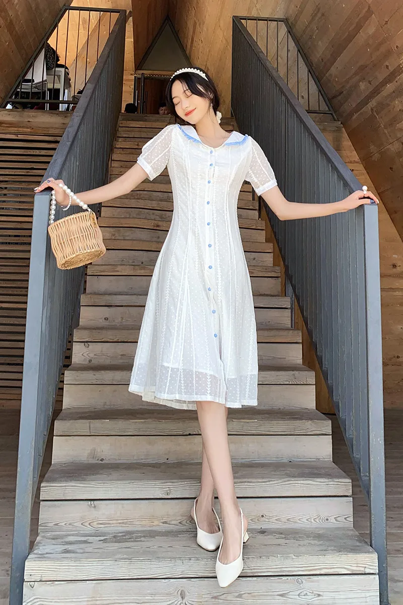 

COIGARSAM Preppy Women dress New Korea Style Peter pan Collar Dresses White 9996