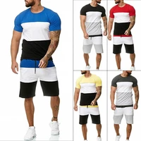 80 hot sales men tracksuit color block quick dry summer short sleeve t shirt drawstring shorts set for sports