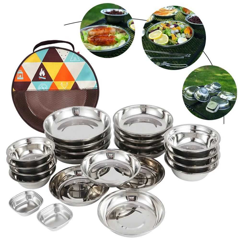 

22PCS Stainless Steel Plate Bowl Portable Camping Round Picnic Dinner Dishes Accessories For Camping Outdoor Hiking Travel