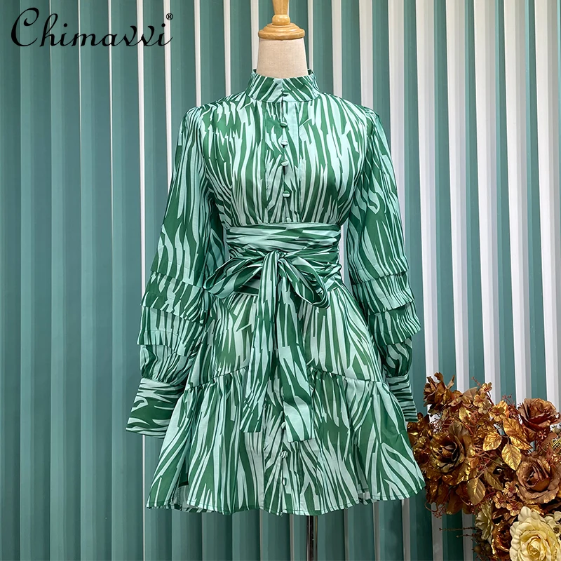 

2021 Summer New Bohemian Fashion Stand Collar Green Striped Dress Women's Long-Sleeved Single-breasted Elegant Dress