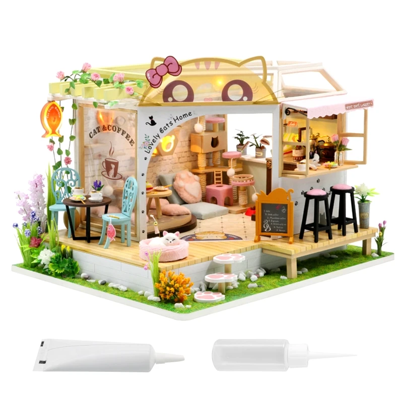 

Набор деревянной миниатюрной мебели для кукольного домика «сделай сам», мини-кофейник со светодиодами, подарки, Изысканная мебель, обучающ...