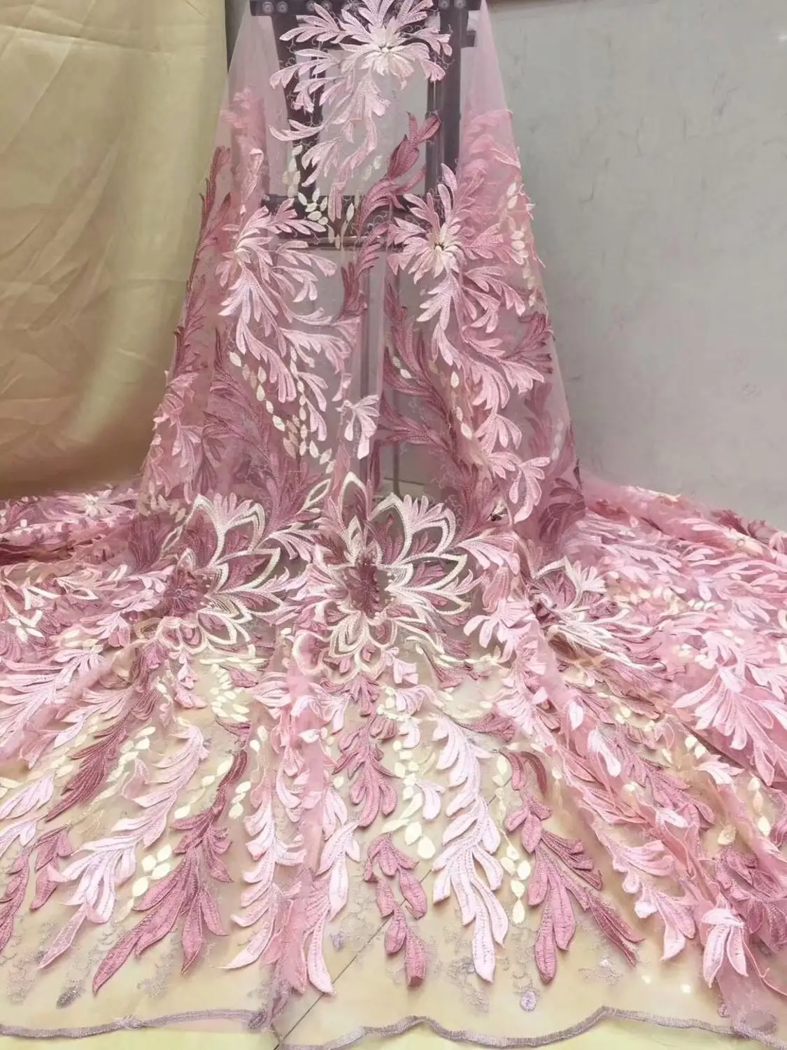 African lace fabric 2019 High Quality Embroidered Brocade Lace Pink french Tulle Fabric for nigeria party dress FD-926 | Дом и сад