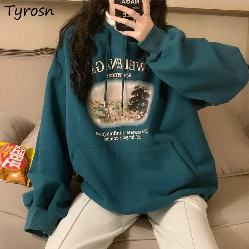 

Oversize Hoodies Women Retro All-match Vintage Letter Printing Sweatshirts Streetwear Loose Design Thicker Hooded Outwear Teens