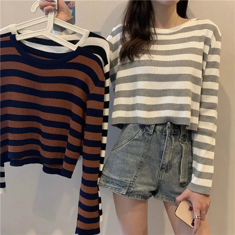 

Girl Summer Knitted Sweater Jacket Slim Crop Pullover Women Clothing Cropped Tops Short Sleeve O-neck Blouse Striped Vintage