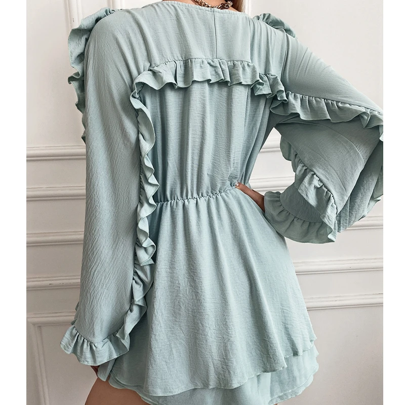 

Mandylandy цельные шорты с длинным рукавом, комбинезоны, однотонные свободные голубые комбинезоны с высокой талией и V-образным вырезом, женские ...