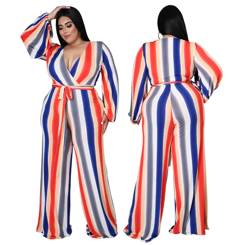 

Plus Size Long Sleeve Deep V-neck Striped Wide Leg Long Pants Jumpsuit Women Sexy V Neck Rompers Women Jumpsuit Overalls 3XL 4XL