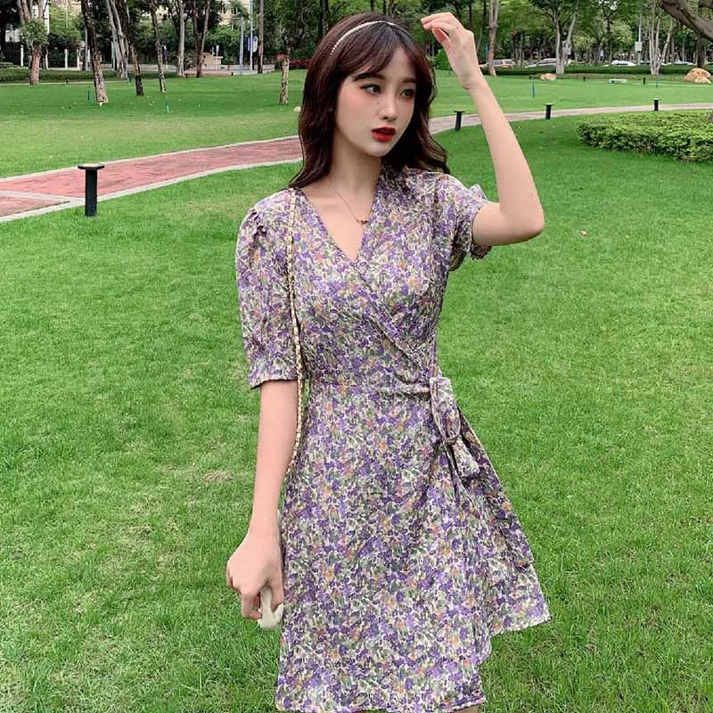 

New 2021 Spring Summer Dress Floral Dress Retro Women's Fashion French Holiday Style Thin A-shaped Skirt Vintage Mini Plus size