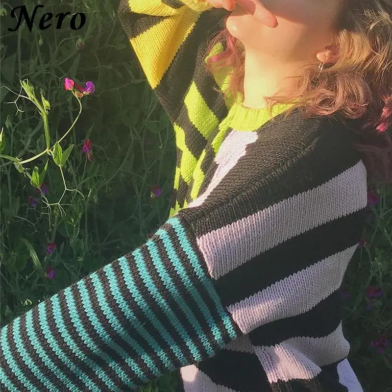 

Colorful Striped Asymmetric Sweater Women Autumn Retro Colored Patchwork Y2k Long Sleeve Knitted Pullover Loose Harajuku Jumpers