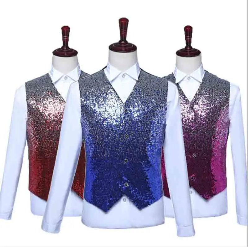 Мужской Блестящий жилет без рукавов градиентный синий красный приталенный