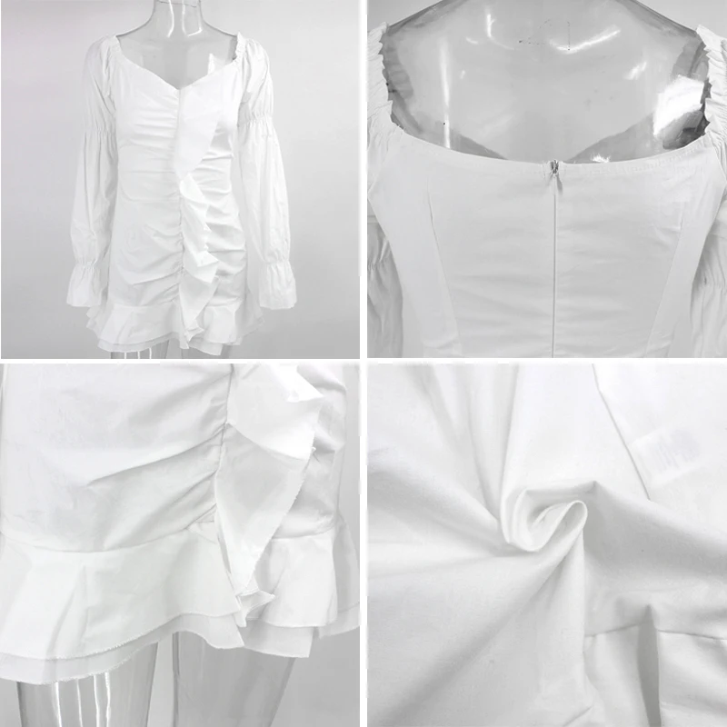 

White Summer Dress Women Pleated Bodycon zipper Club Party Sexy Dresses long Sleeve Mini Elegant Dress Bandage