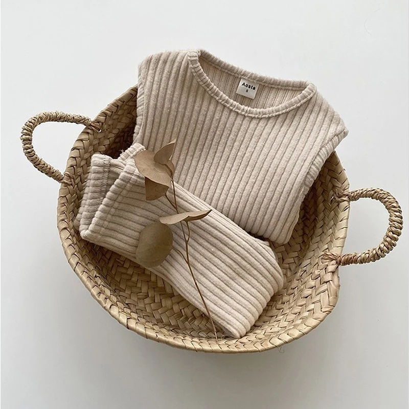 

Spring and Autumn Newborns Pure Cotton Solid Color Clothes Set Knitted Long Sleeve Top + Pants Two-piece Loose Baby Clothes