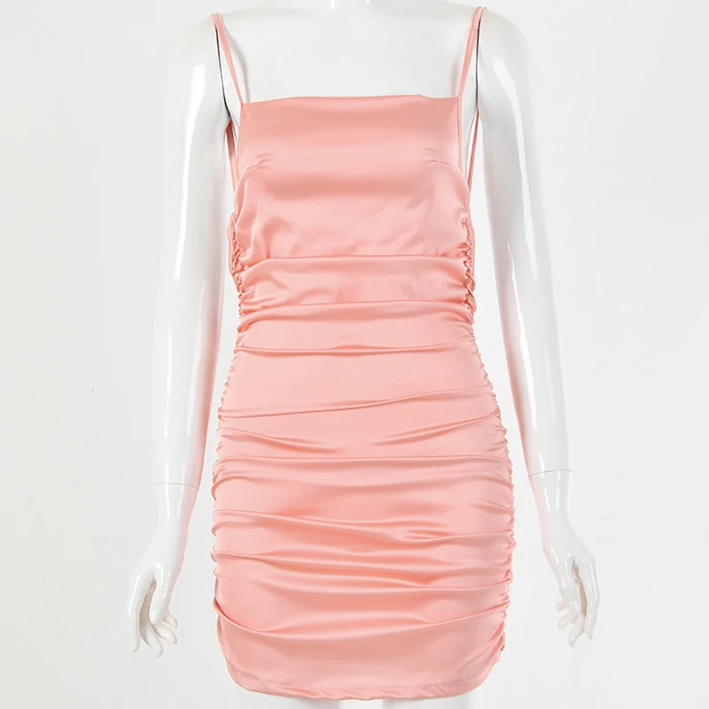 

Spaghetti Strap Mini Satin Dress Women Sexy Backless Cross Bandage Bodycon Party Dress Pleated Stretch Short Club Dress