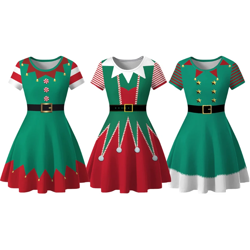 

Christmas Party Women's Dress Costume Digital Printing Short Sleeve Fashion Slim Skirt All-match