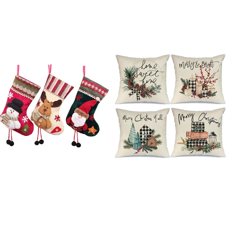 

3 Pcs Christmas Stockings Santa Claus Reindeer And Snowman & 4 Pcs Christmas Pillow Covers,Throw Pillows Christmas Decor