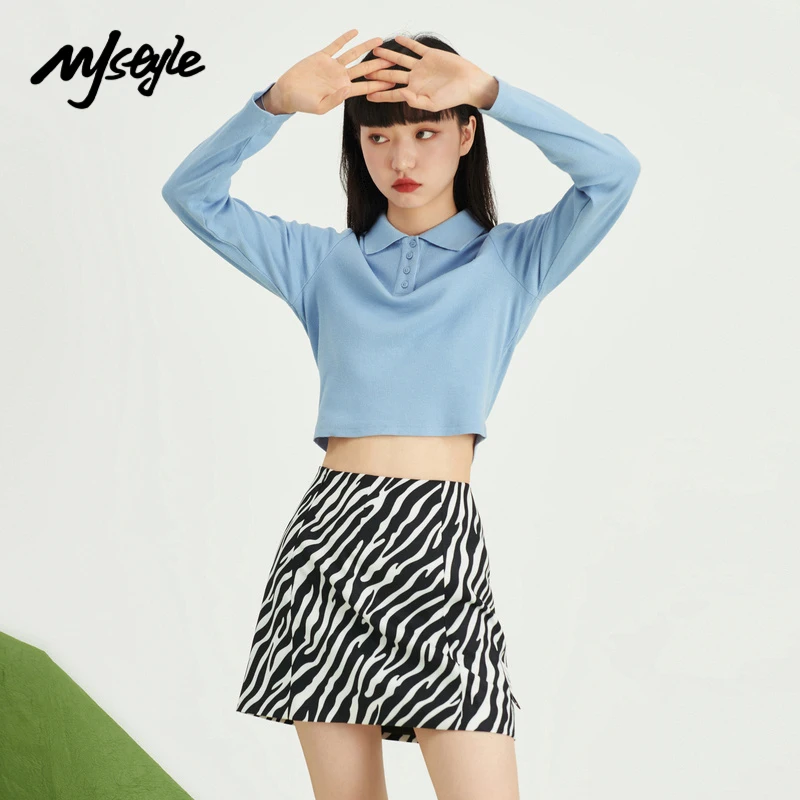 

MJstyle 2021 осень винтажный Ретро воротник поло кавайные девушки короткие футболки для танцора тонкие синие черные женские пуловеры 721100056