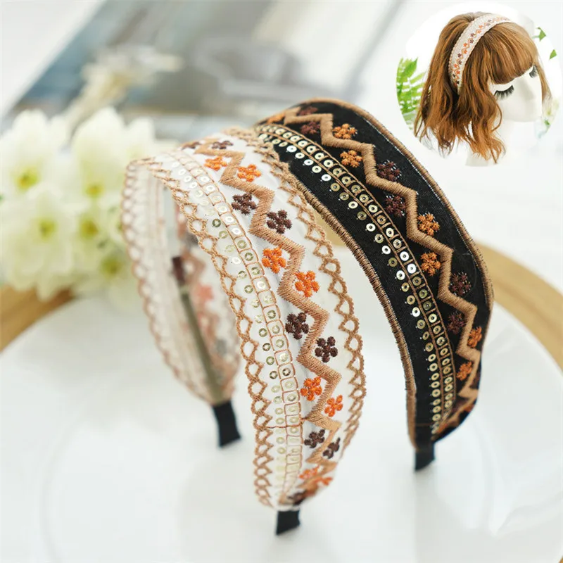 Korea Bright Silk Wide Side Embroidery Hairbands Sequi Hair Accessories Hairband for Girls Flower Crown Headbands For Women | Аксессуары