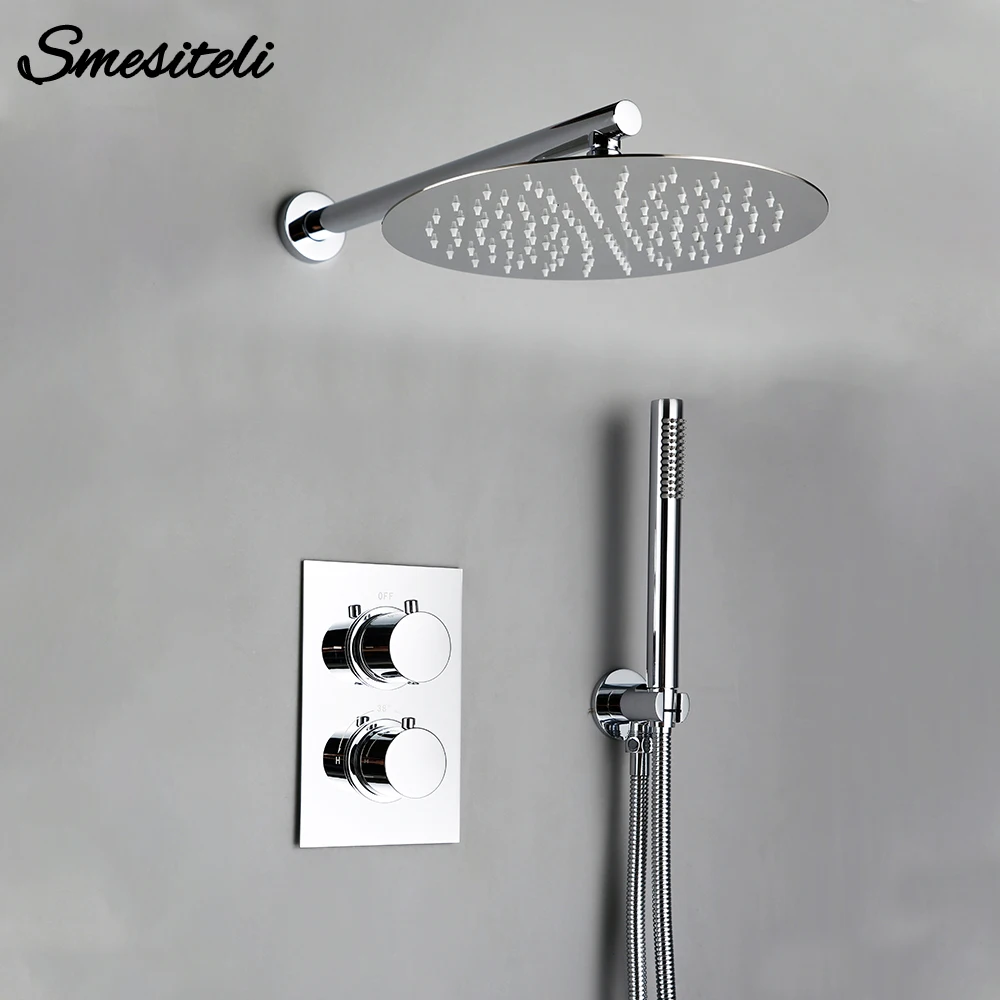 

Smesiteli Bathroom Shower Set Chrome Rain Shower Faucet Wall Mounted Thermostatic Valve System 8-12"Shower Head Bathroom Faucet