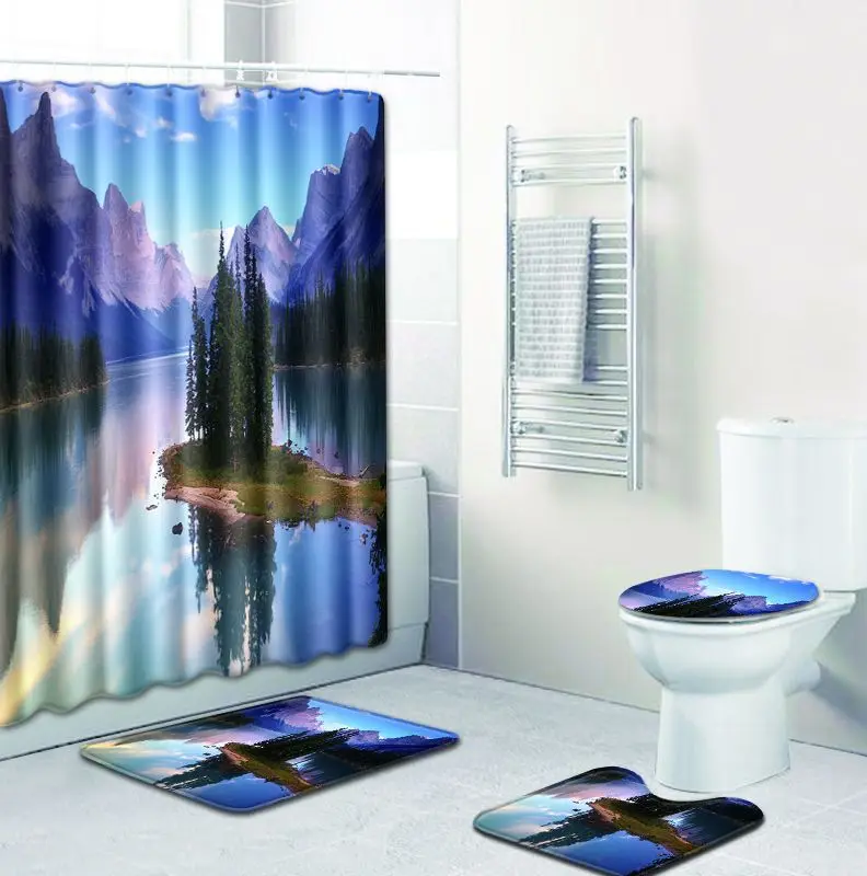 Zeegle 3d Pattern Toilet Rug Set Bath Washable Floor Mat Shower Curtain Pedestal Seat Cover Bathroom Soft Foot | Дом и сад