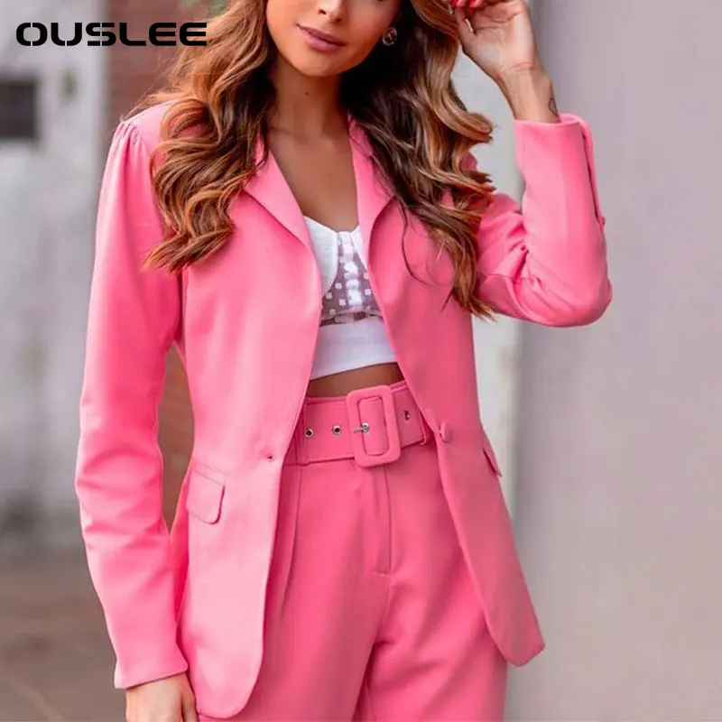 

Ouslee Lady Office Candy Color 2 Pieces Sets Long Sleeve Notched Blazers Ankle Length Sashes High Waist Pants Female Work Wear