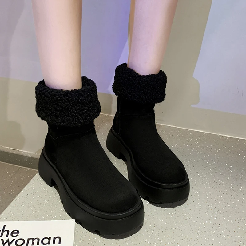 

Rimocy Flock Square Heels Ankle Boots for Women 2021 Warm Short Plush Winter Boots Woman Black Faux Suede Platform Booties Mujer