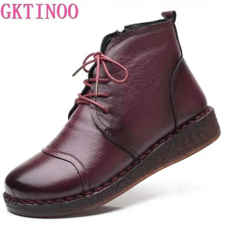 

GKTINOO Autumn Lace-Up Genuine Leather Female Short Boot Shoes Women 2020 Winter Short Plush Non-Slip Side Zipper Leather Boots