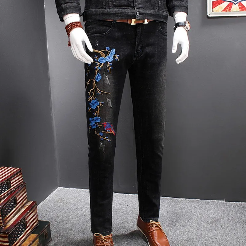 Women Set Fashion Two Piece Set Spring Autumn Embroidery Flower Long Sleeve Denim Jacket Zipper Jeans Mens Streetwear Plus Size