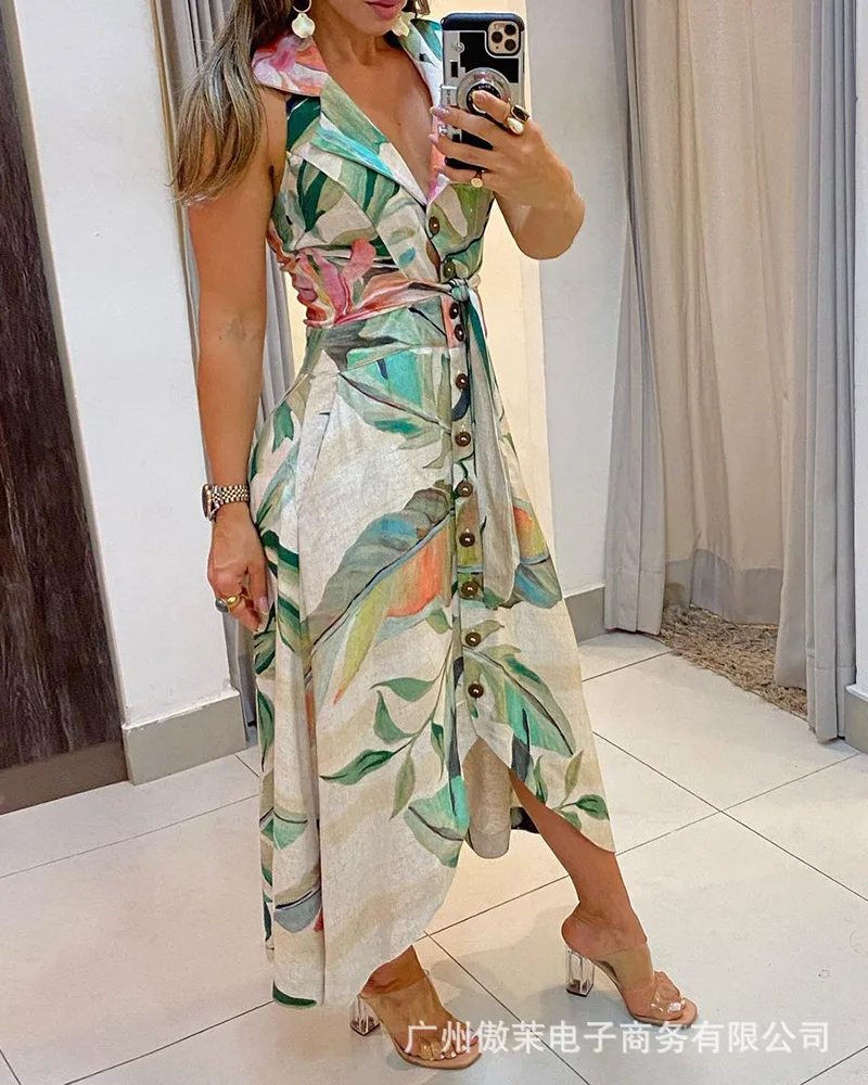 

2021 Summer New Dress V-neck Fashion Slim Color Printing Halterneck Dress