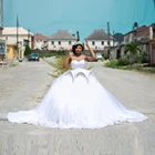 1. Роскошное Пышное Бальное Платье, Свадебные платья без рукавов, с жемчужинами и пушистыми оборками, из тюля Aso Ebi, свадебные платья на заказ с Tr