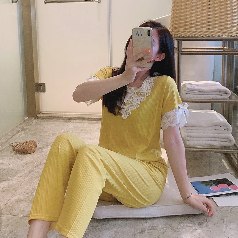 

2021 Summer Princess Short Sleeve Long Pants Cotton V-neck Pajama Sets for Women Sleepwear Pyjamas Homewear Pijama Mujer Clothes