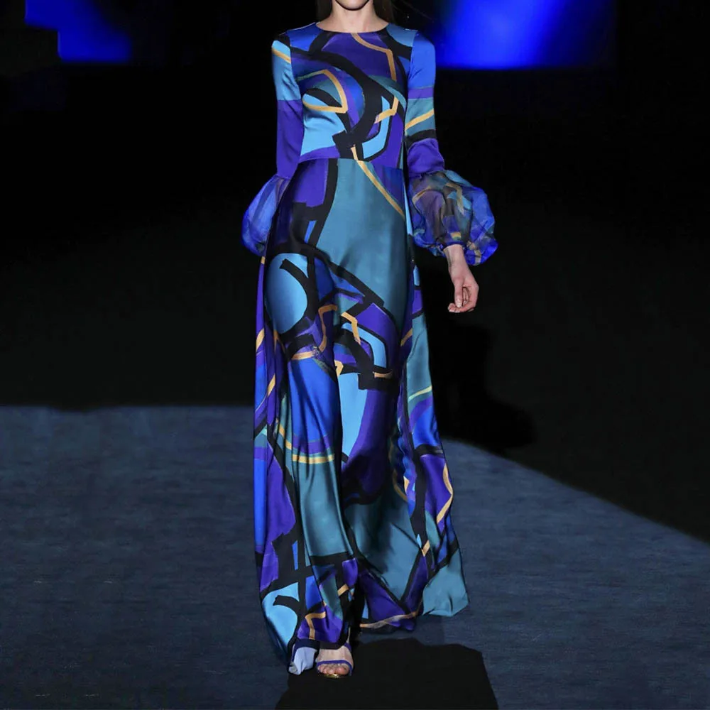 

Autumn New 2021 Fashion Temperament Womens Dress Blue Printing Commute Elegant Long Women Long Sleeve Round Neck Dress
