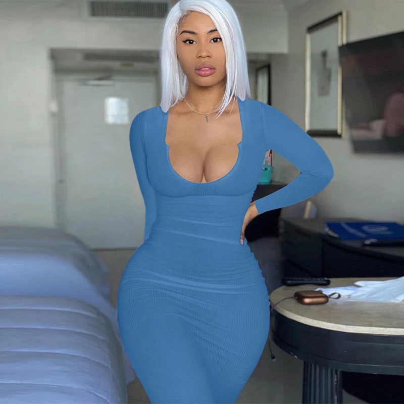 

NOVAINSPO Solid Low Cut V Neck Ribbed Long Sleeve Maxi Dresses Skinny Fashion Casual Streetwear Women Spring Slim Dress Elegant