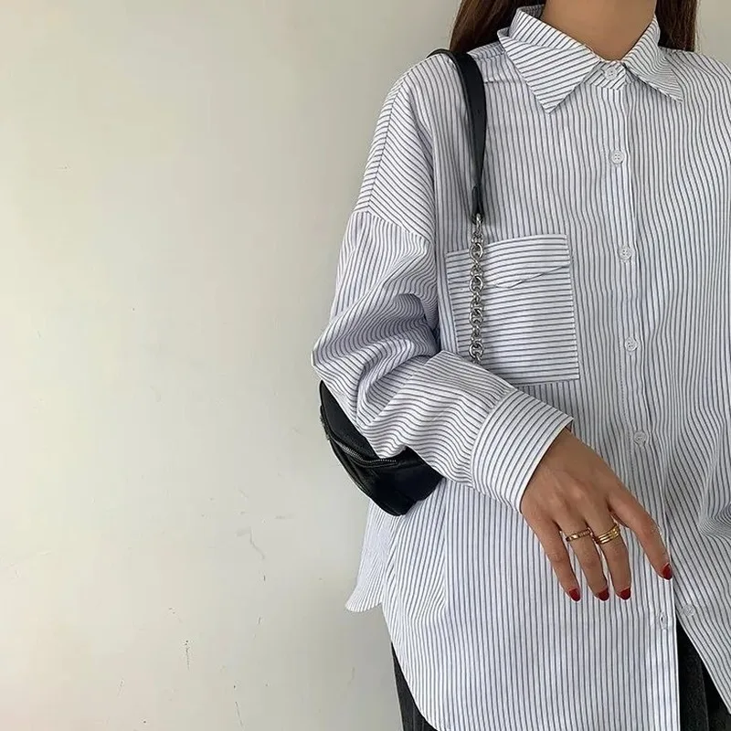 

Blouses Shirts Women Turn-down Collar Striped Ulzzang Basic Shirt Female Outwear Office Ladies Chic Korean Style Autumn Vintage