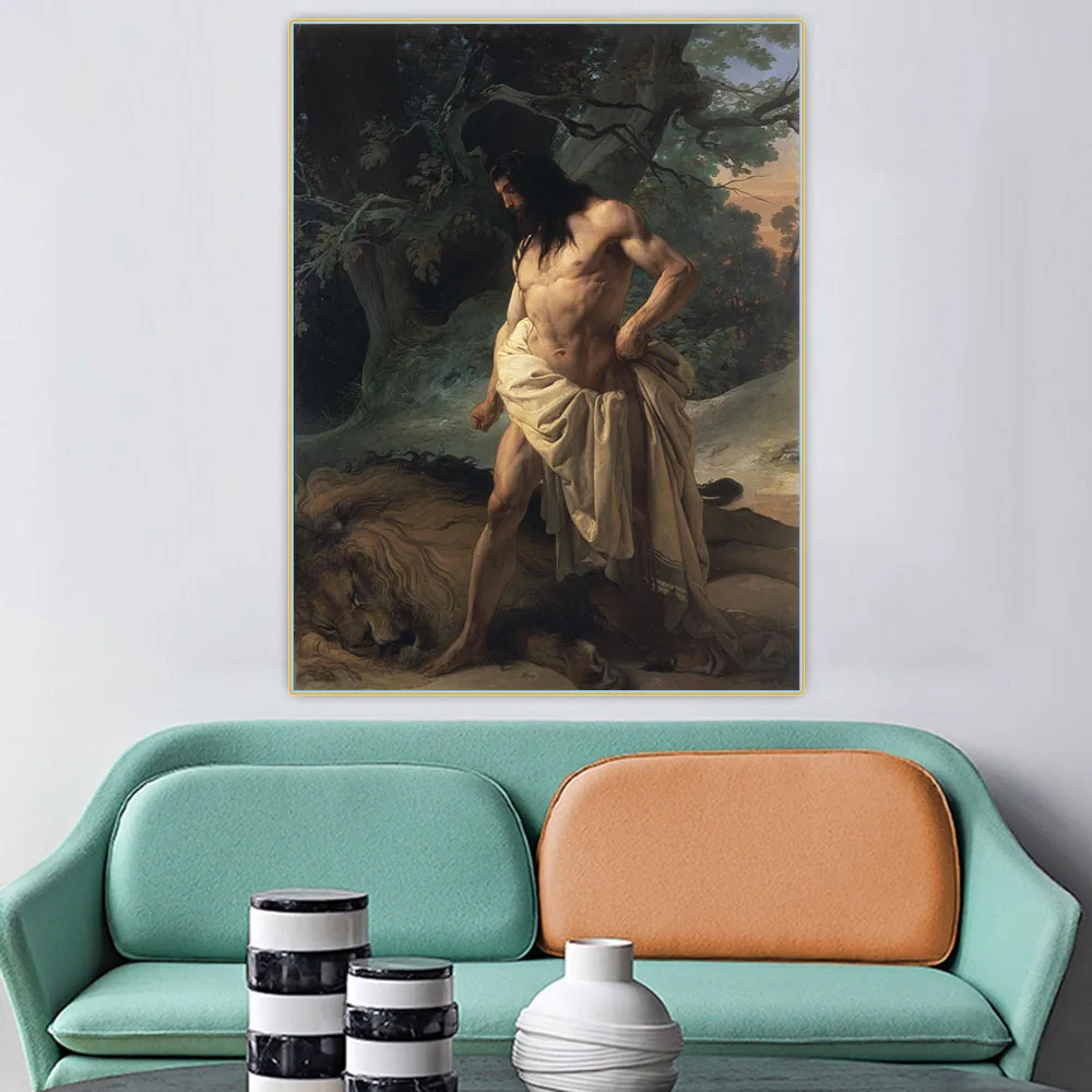 

Holover Canvas Oil Painting Wall Art Home Room Decoration Francesco Hayez"Samson Slays the Lion"Romanticism Aesthetic Artwork