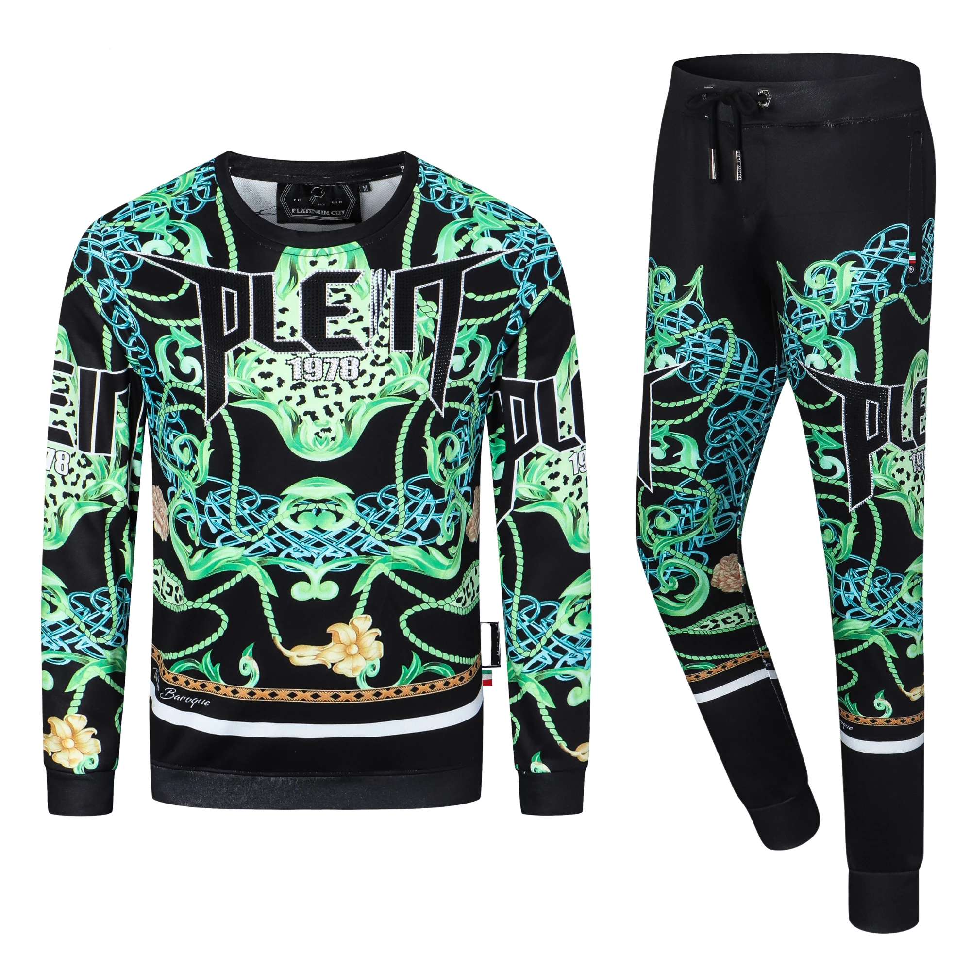 

Men's Casual Suit PP Top Brand Casual Pants High Quality Printed Hot Rhinestone Slim Round Neck