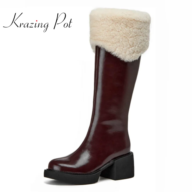 

krazing pot new cow split leather high heels snow boots handmade retro fashion winter keep warm comfortable thigh high boots L30