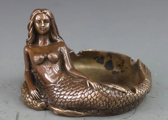 --- 430 + китайская Бронзовая медная статуя резьба Русалка пепельница скульптура |