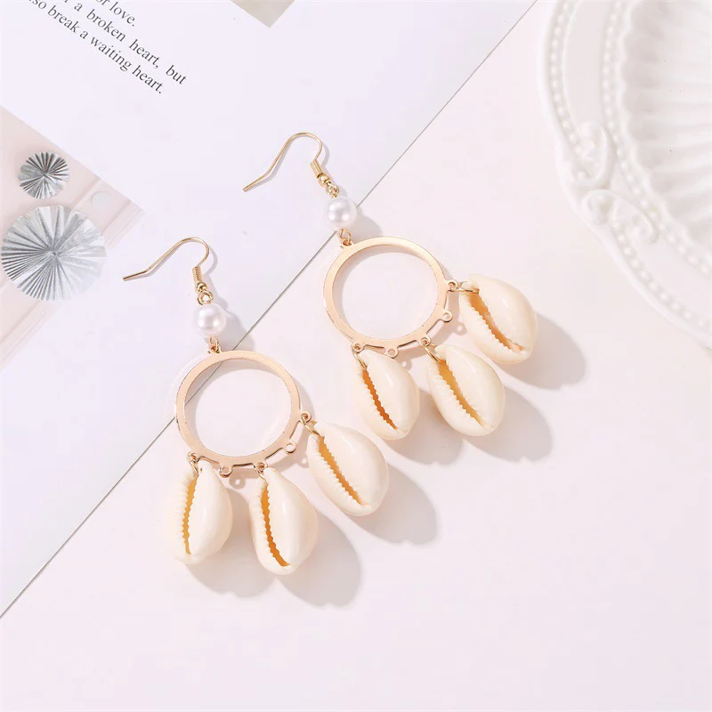 

Bohemian Shell Pendant Dangle Earrings For Women Round Gold Color Metal Long Drop Earring 2019 Female Fashion Jewelry Wholesale