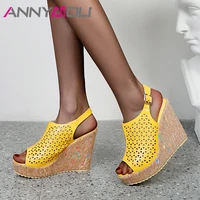 annymoli women sandals shoes wedges high heel sandals buckle peep toe ladies footwear summer yellow black size 34 43 fashion