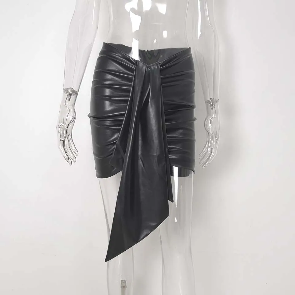 Black PU Skirt Karlofea, женское Великолепное вечернее платье с золотыми блестками, шикарное ДРАПИРОВАННОЕ мини-платье с рюшами и запахом, модные блестящие Клубные наряды для дня рождения, Vestidos - Цвет: Black PU Skirt