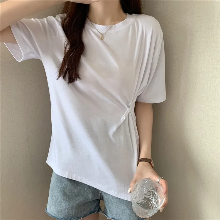 

2722 women new Korean version of wild loose design sense waist thin irregular short-sleeved T-shirt