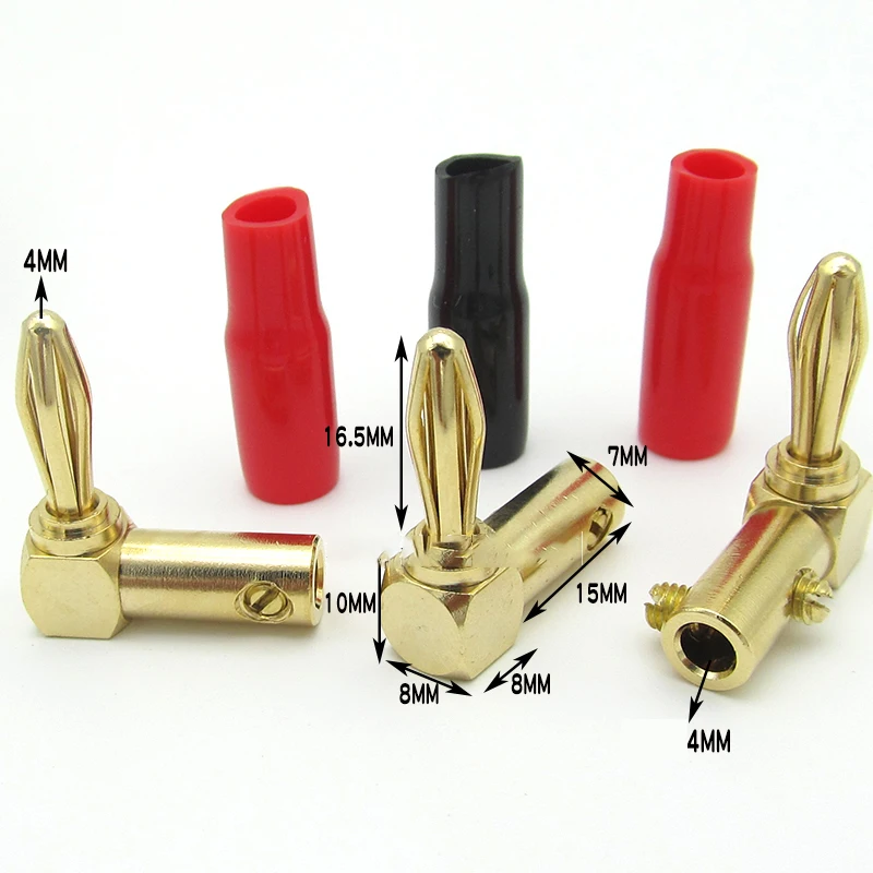 

4pcs Pure copper gold-plated 4MM banana plug solder-free power amplifier terminal horn audio speaker cable connector elbow