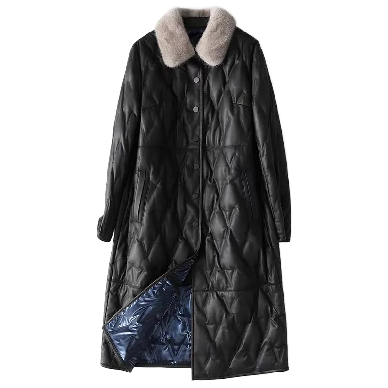 

2021 Winter Black Real Leather Duck Down Jacket Down Coat Women Natural Mink Fur Collar Famale Genuine Leather Jacket Top Hiver