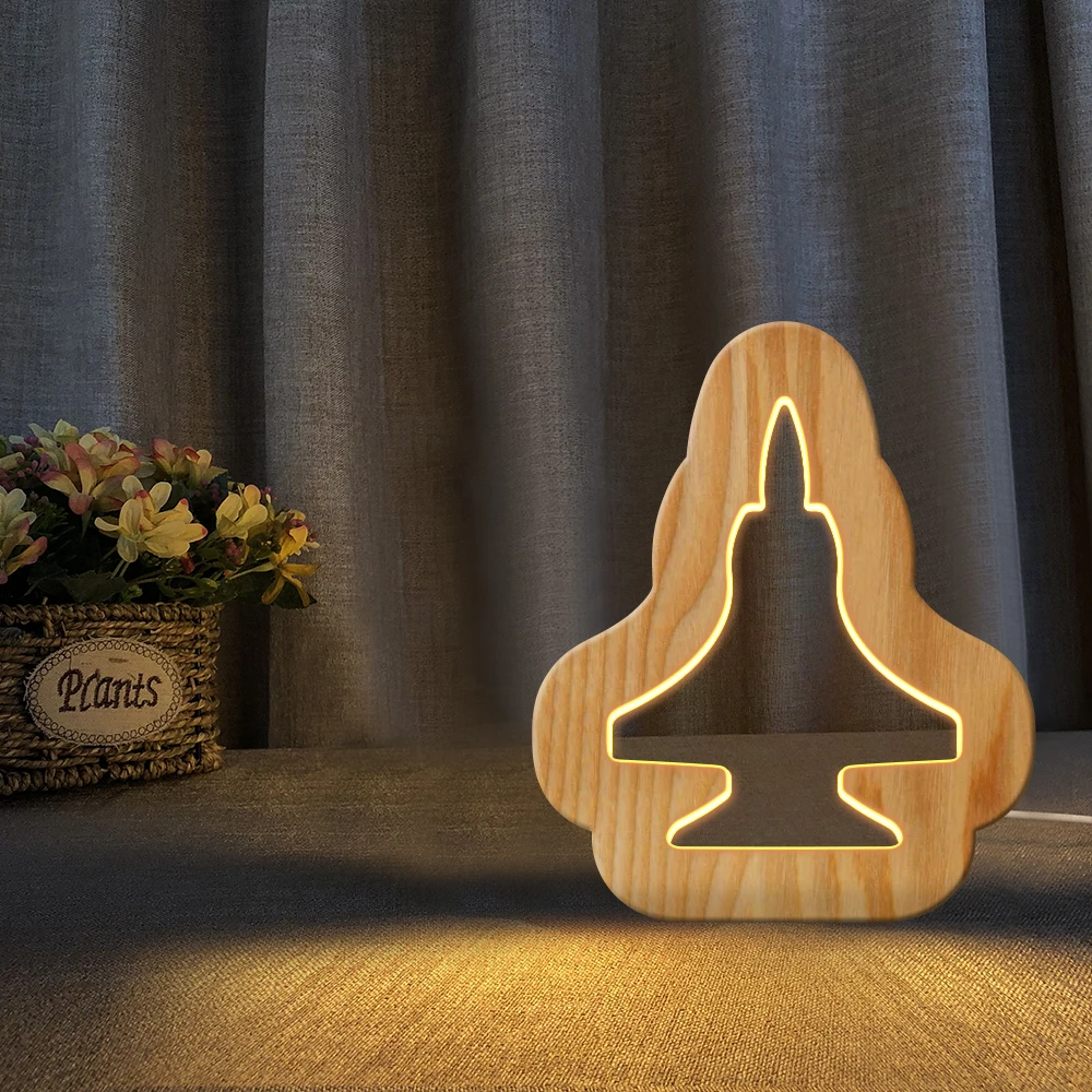 

New Wooden 3D LED Night Light Warm White Novelty Kid Bedroom Plane Sports Car Fighter 3D Table Lamp Best Home Decor Lights
