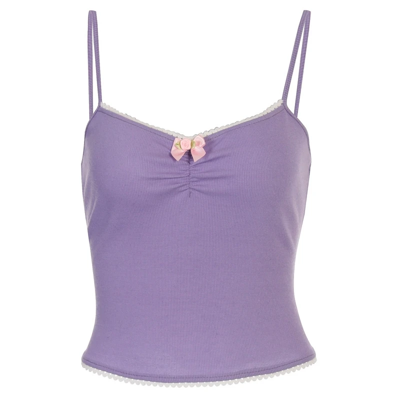Милые летние топы на бретельках однотонные с рюшами и бантом фиолетовые открытой
