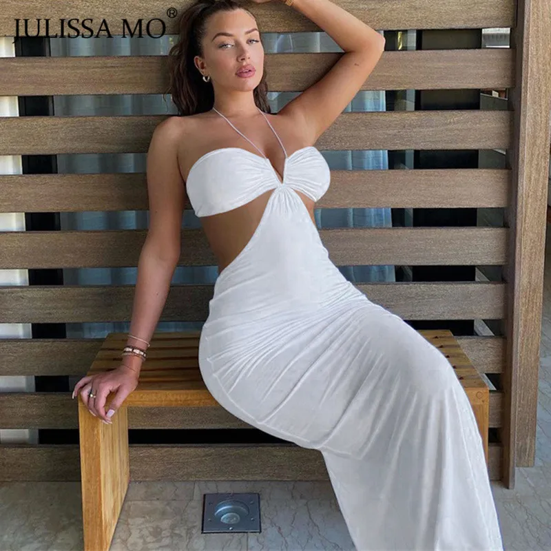 

Julissa Mo Hollow Out Backless Summer Party Dress 2021 Sleeveless Halter Dresses For Women Sexy Elegant Long Bodycon Vestidos