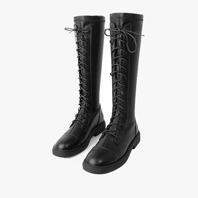 

In winter 2020, the new fashion high-heeled flat-bottomed knight boot girl shoes with elastic boots with thick soles and round h