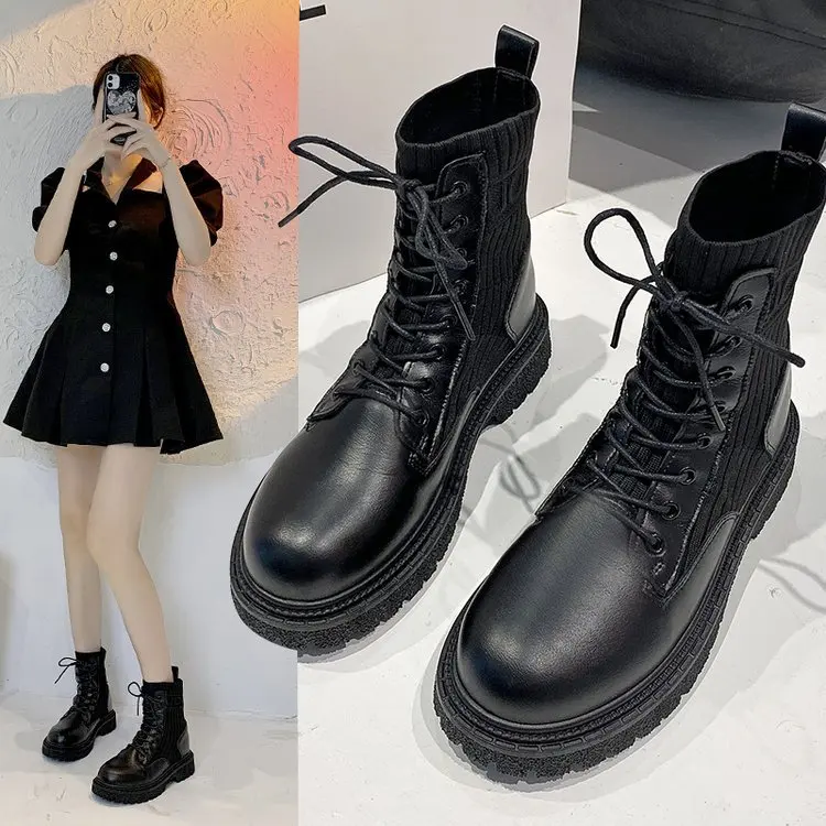 

Ankle Boots for Women New Spring Motorcycle Boots Thick Heel Platform Shoes Woman Slip on Round Toe Fashion Martin Boots