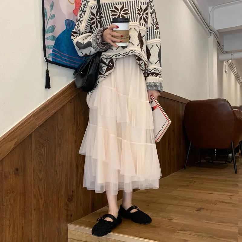 

HziriP Mesh Women Streetwear A-line Multi-Layers 2020 Hot Solid Chic Girls Gentle High Waist Girls All-Match Loose Cake Skirts