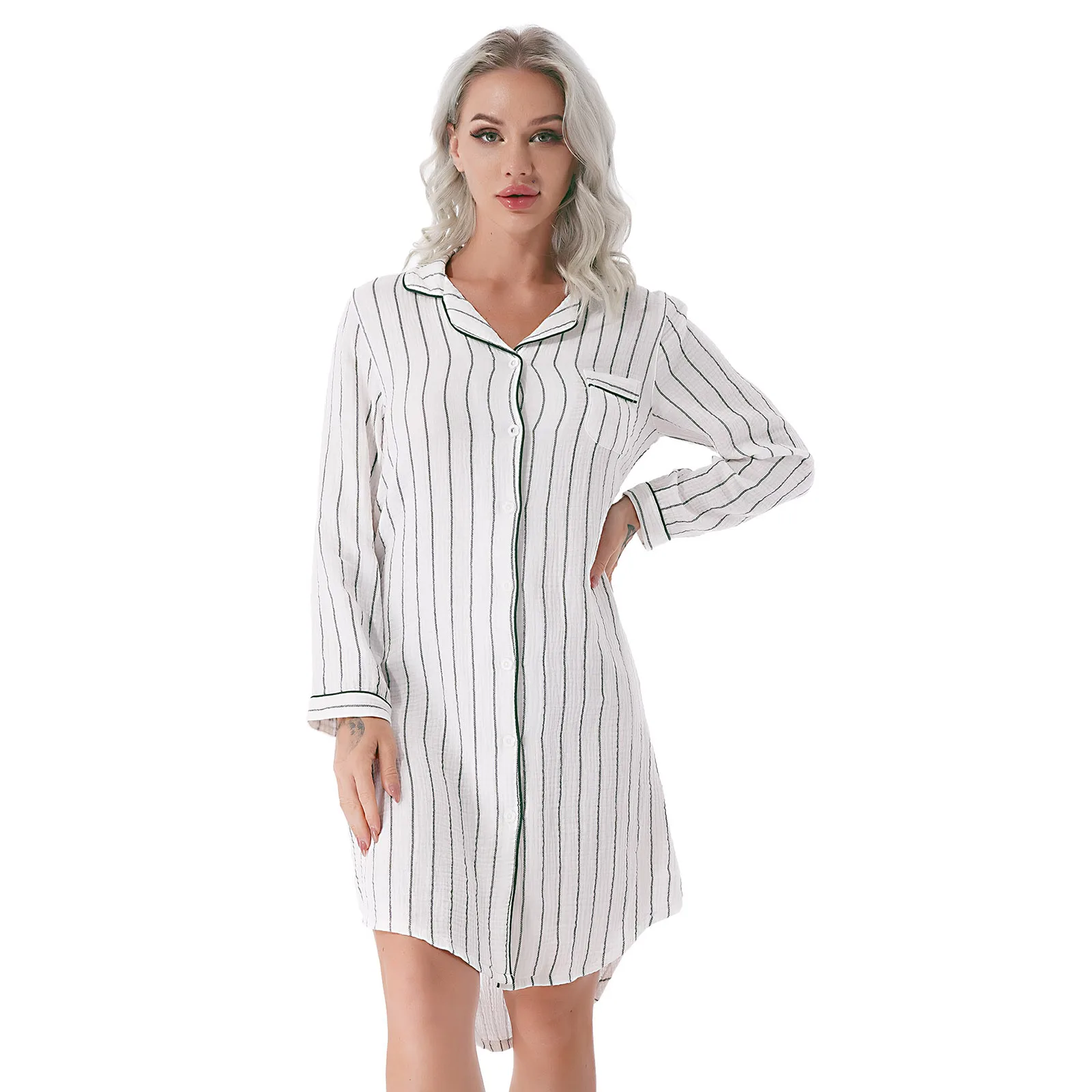 

Striped Cotton Night Robe Dress Pajamas Sleepwear Elegant Women Chic Nightgown Casual Home Clothes Loose Long Sleeve Sleepshirts